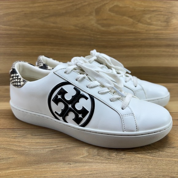 TORY BURCH Leigh Sneakers Womens 8 M Snake Embossed Low White Leather Low - Picture 2 of 11